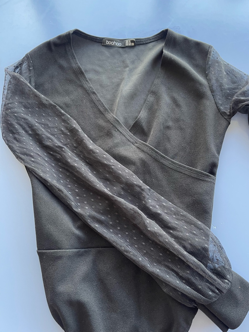 Boohoo Black V Neck Top with Sheer Sleeves